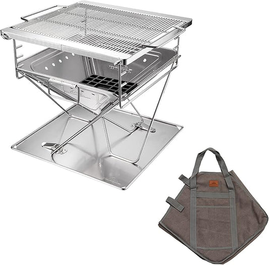 CAMPINGMOON 3-in-1 Portable Stainless Steel Wood Burning Grill and Fire Pit 16x18-inch with Carrying Bag MT-045