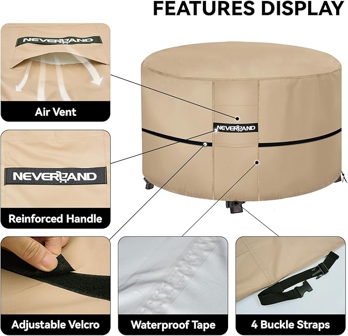 NEVERLAND Fire Pit Cover Round 34 Inch，Waterproof Outdoor Firepit Covers Round for 31-34 Inches 600D Oxford Heavy Duty Patio Gas Fire Pit Covers with 4 Buckle Straps and Air Vents, 34 x 15 Inch Golden