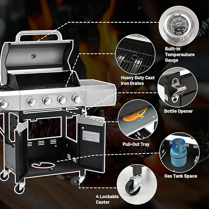 4-Burner Propane Gas BBQ Grill with Side Burner, 51000 BTU Stainless Steel Gas Grill with Rain Cover for Outdoor, Camping, Barbecue Grilling Backyard Cooking (4+1 burner no cover)