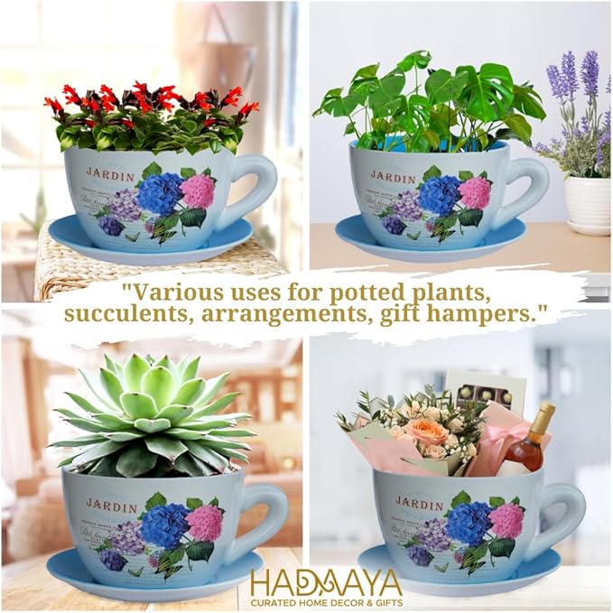 7.5” Round Ceramic Teacup Shape Planter Pot with Saucer for Succulents Orchid Herbs Cactus Indoor Houseplants Flowers for Home Garden and Event Decor – Yellow Butterfly Garden