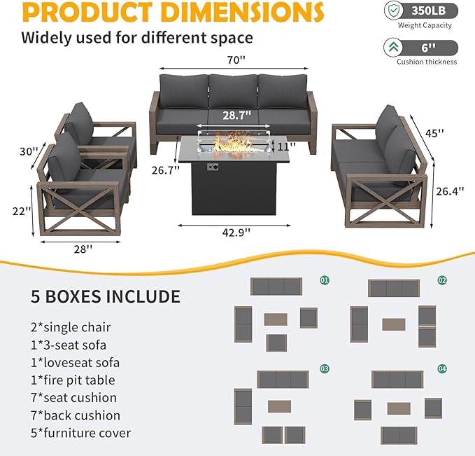 Amopatio Aluminum Patio Furniture Set with Fire Pit, 8 Pcs Metal Patio Sofa Couch Sets with Aluminum Fire Pit Table, Modern Outdoor Furniture with 6" Cushion, Dark Grey (Included Waterproof Covers)