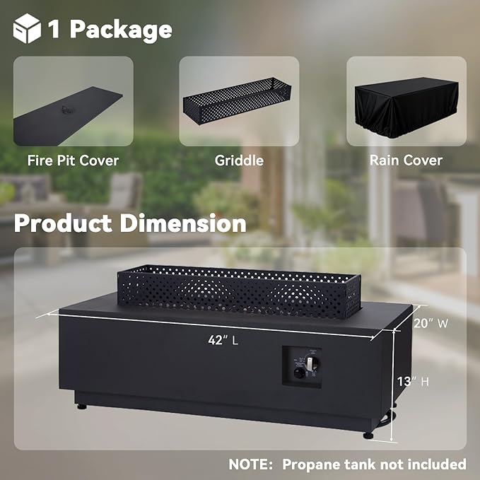42 Inch Propane Fire Pit Table, 3-Piece Outdoor Rectangular Fire Pit, 50,000BTU Gas Firepit for Outside Patio with Griddle, Wind Guard, Lid, Black