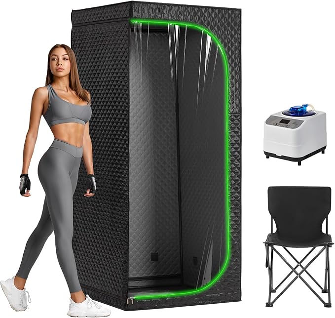 Portable Full-Body Steam Sauna Tent for Home – Large Indoor Personal Sauna with 15 Heat Levels, 3L Steamer, Remote, Foldable Chair and Transparent Window (Transparent Door, Black)