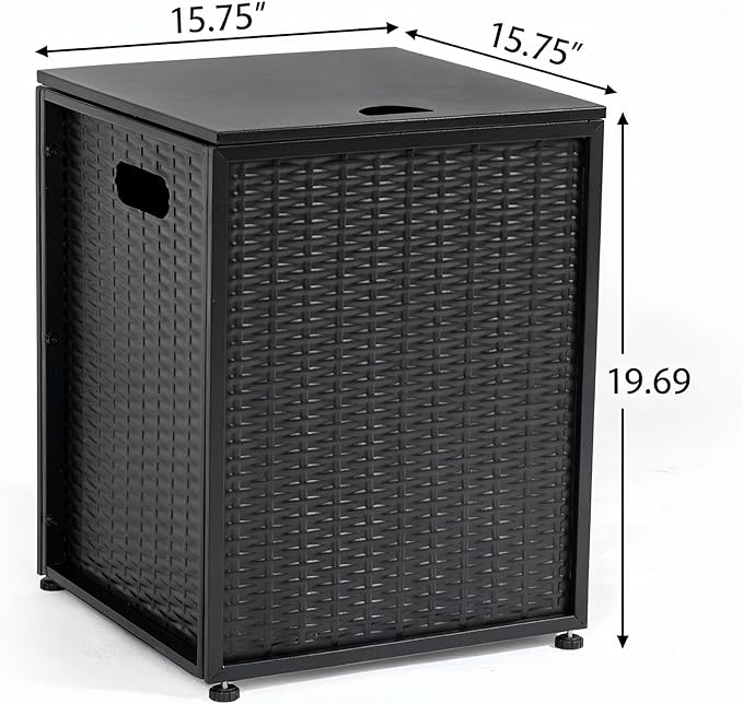 Propane Tank Cover Table for Fire Pits, 20 LB Iron Propane Tank Holder with Side Handles, Outdoor Tank Storage Side Table with Imitation Woven Rattan Surface for Patio, Gas Griddle, Black