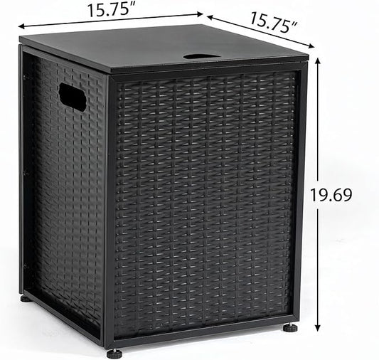 Propane Tank Cover Table for Fire Pits, 20 LB Iron Propane Tank Holder with Side Handles, Outdoor Tank Storage Side Table with Imitation Woven Rattan Surface for Patio, Gas Griddle, Black