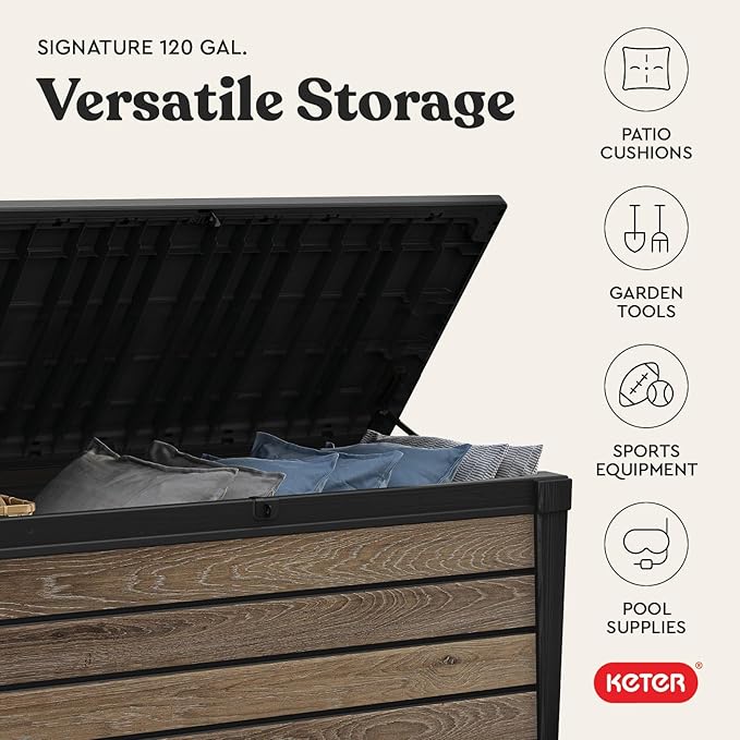 Keter Signature Collection 120 Gallon Resin Deck Box Organization and Storage Box for Patio Outdoor Cushions, Throw Pillows, Garden Tools and Pool Supplies, Walnut