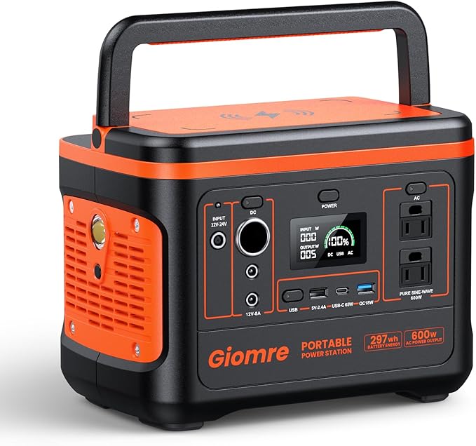 Giomre Portable Power Station, 297Wh Backup Lithium Battery Generator with 600W AC Output and 120W Fast Charging, Solar Generator for Outdoors Camping, Travel Emergency, Home Blackout