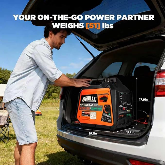 GENMAX Portable Generator, 4500W Super Quiet Gas or Propane Powered Engine with Parallel Capability, Manual start, Ideal for Camping Travel Outdoor.EPA Compliant (GM4500iSAD)