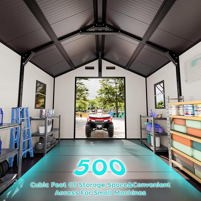 8x8 Shed with Floor, Heavy-Duty Plastic Resin Sheds & Outdoor Storage, Garden Tool Shed for Backyard, Patio, Bike Storage with Lockable Awning Windows & Reinforced Steel Frame（23-Gauage