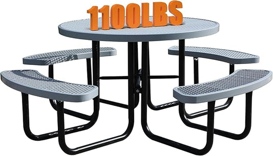 8-Person Outdoor Picnic Tables,46" Heavy-Duty Metal Round Picnic Table,Expanded Metal Commercial-Grade Table with 4 Benches & Umbrella Hole,Waterproof Coating Beach Table for Patio,Garden, Backyard