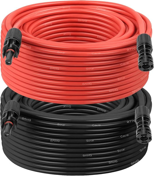 Solar Extension Cable 8AWG 100FT 2-Pack (Red + Black), PV Wire with Male/Female Solar Connectors, Weatherproof Solar Panel Wire for RV, Boat, Inverter, Off-Grid Systems