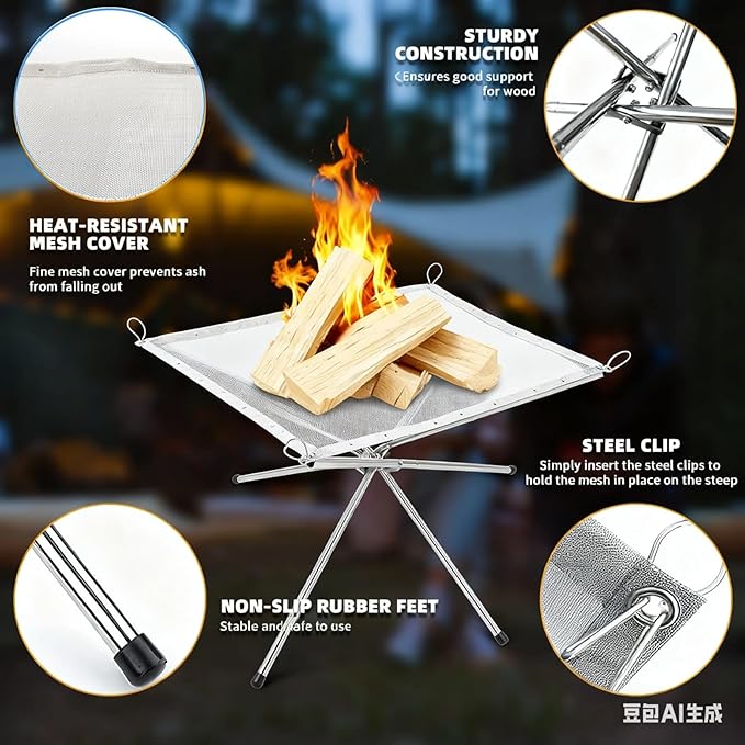 Portable Fire Pits,22 inch Camping Fire Pit Kit- Foldable Large Upgrade 304 Stainless Steel Mesh with Fire Pit Mat and Carry Bag,Perfect for Backyard,Garden,Picnic Campfire, Outdoor Hiking