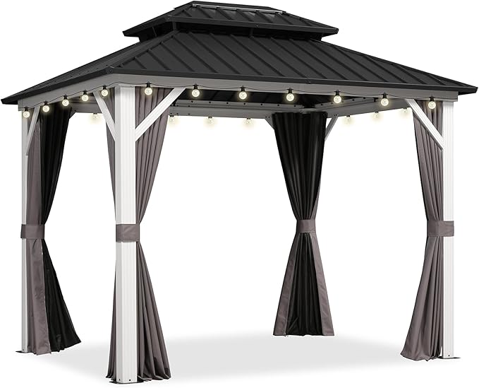 PURPLE LEAF 8' X 10' Outdoor Gazebo Galvanized Steel Double Roof White Aluminum Frame Hardtop Heavy Duty Gazebo with Curtain and Netting for Patio Garden and Backyard, Grey
