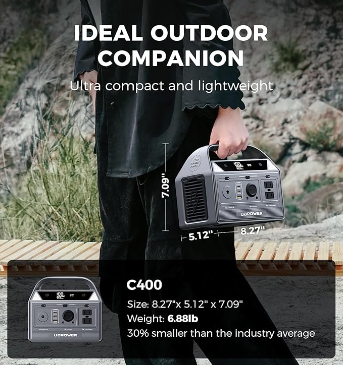 UDPOWER C400 256Wh Portable Power Station | 400W (800W Surge) Pure Sine Wave AC Outlet + PD3.0 USB-C | Solar Generator for Camping, Emergencies, CPAP
