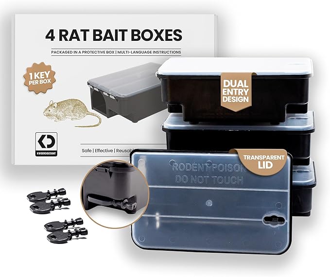 Köder-Discount Mouse & Rat Trap (Bait Not Included) – 4 Lockable Rat Bait Stations with Clear Lid & Dual Entry – Weather-Resistant, Tamper-Proof Rodent Trap to Prevent Bait Removal (8.7 x 5.5 x 3.1)