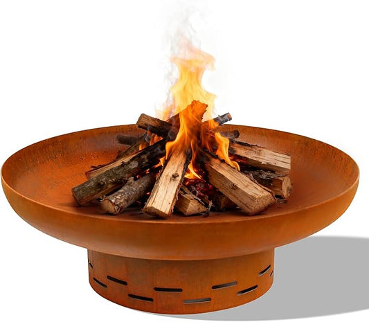 KOL 27.5in Round Fire Pit with Base – Heavy-Duty Free-Standing Garden Fire Pits for Outside, Pre-Rusted Deep Fire Bowl for Terrace, Backyard, Patio, Deck & Camping Bonfire