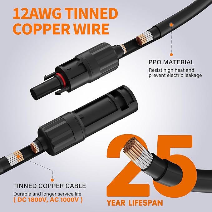 12AWG Solar Extension Cable 20 Ft, Solar Pannel Cable Tinned Copper Wire, with Extra Female and Male Waterproof Connector Pair, Ties, for Home, RV, Photovoltaic Systems (20FT Red+20FT Black)