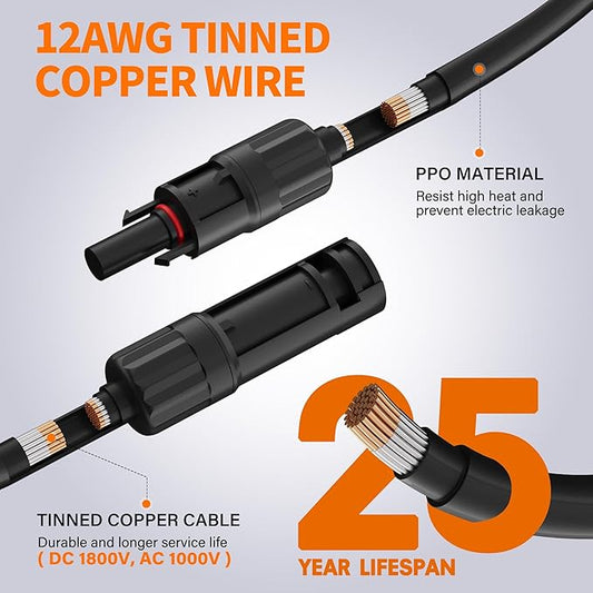 12AWG Solar Extension Cable 20 Ft, Solar Pannel Cable Tinned Copper Wire, with Extra Female and Male Waterproof Connector Pair, Ties, for Home, RV, Photovoltaic Systems (20FT Red+20FT Black)