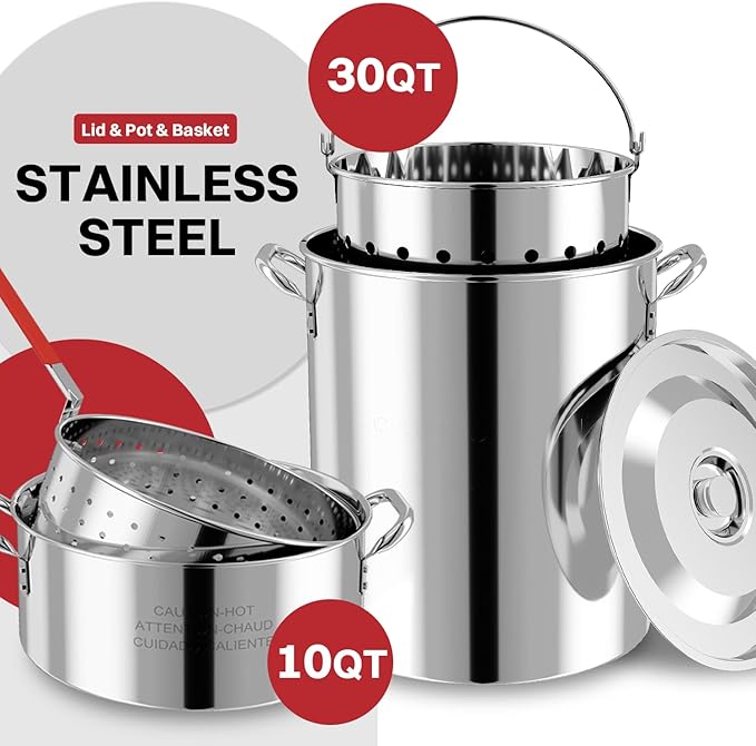 30QT Stainless Steel Turkey Fryer | Outdoor Fryer | Cover & Skimmer Included | Seafood Boil Pot | 50,000BTU Propane Burner | Deep Fryer Pot with Basket | Crab, Seafood & Crawfish Boiler