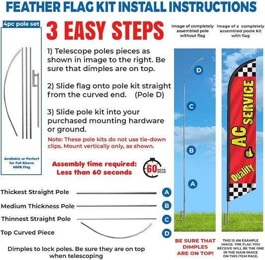 Quality AC Service, Auto Repair, Brake Service, 3 Pack Advertising Package of Feather Banner Swooper Flag Kits with Ground Spikes