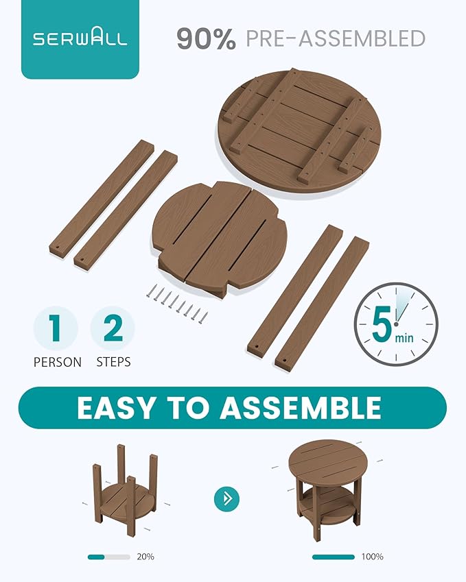 SERWALL Round Outdoor Side Table Set of 4, HDPE Small Adirondack Double End Table, Brown