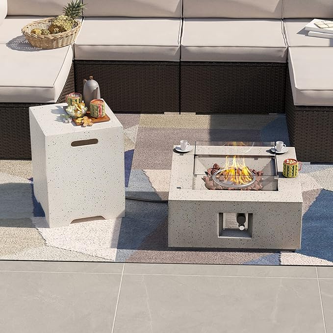 SUNBURY Outdoor 28 Inch Propane Fire Pit Table, Square Fire Table w Tank Table, 40,000 BTU Spotted White Patio Gas Fire Table w Glass Wind Guard, Waterproof Cover, Lava Rocks …