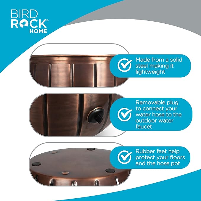 BIRDROCK HOME Water Hose Holder - Decorative Metal Pot, Indoor or Outdoor, Garden Storage Organizer, Patio Portable Bucket - Antique Copper, Holds up to 100ft Hoses, Medium No Lid