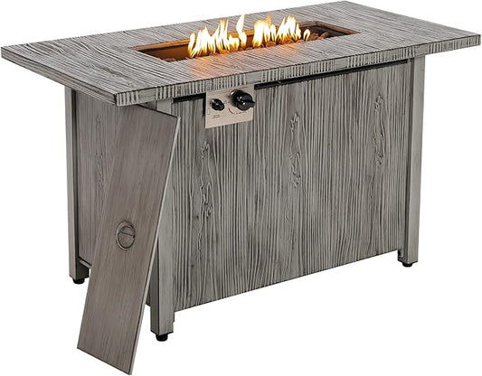 Tangkula 43 Inch Propane Fire Pit Table, Patiojoy 50,000 BTU Outdoor Gas Fire Table w/Wood Grain Tabletop, Hideaway Tank Storage, Lava Rocks, Rectangular Propane Firepit w/Waterproof Cover