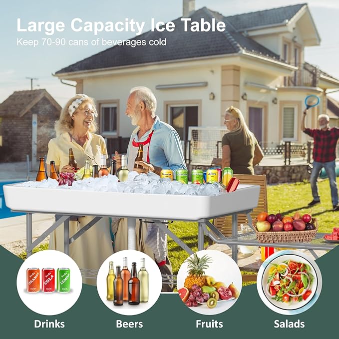 IWDOO Ice Cooler Table with Led Light, 4 Foot Outdoor Ice Table with Foldable Extension Stand, Matching Skirt & Drain Hose, Folding Cooler Tables with Metal Shelf for Party, BBQ, Camping Picnic
