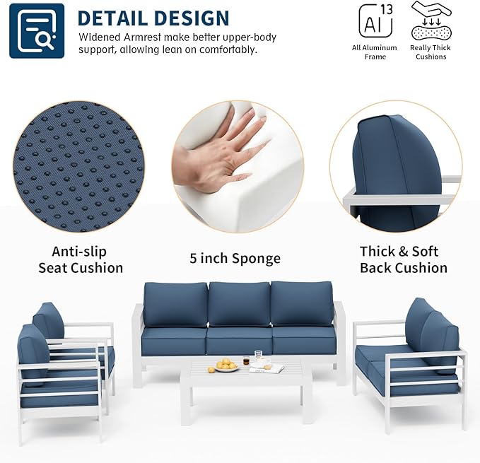 UDPATIO 8 Piece Aluminum Patio Furniture Set, Oversized Modern Outdoor Furniture Set with Olefin Fabric Cushion for Patio Deck Backyard, White/Navy(with Waterproof Covers)