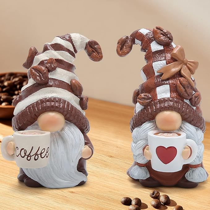 Hodao 2PCS Coffee Gnomes Figurines - Swedish Tomte Elf Dwarf Decor for Bar, Home, Gifts, Holiday Coffee Corner Decoration, Cute Christmas Farmhouse Tiered Tray Ornament for Kitchen Display