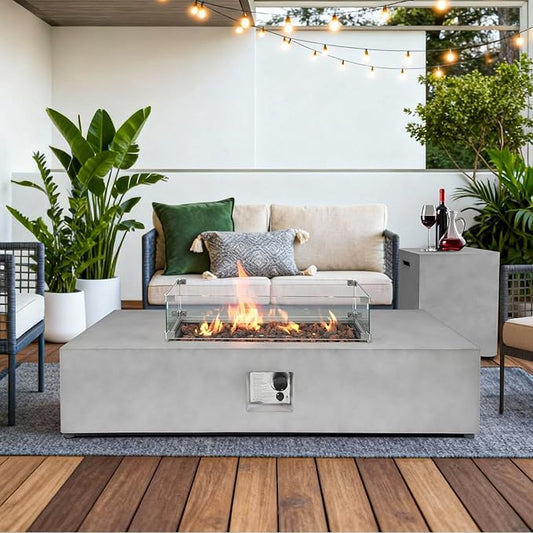 3-Piece 54" Outdoor Propane Fire Pit Table Set W 16" Tank Cover, 50,000 BTU Rectangle Concrete Fire Pit Coffee Table, Glass Wind Guard, Waterproof Cover for Patio, Backyard, Garden, Porch, Deck