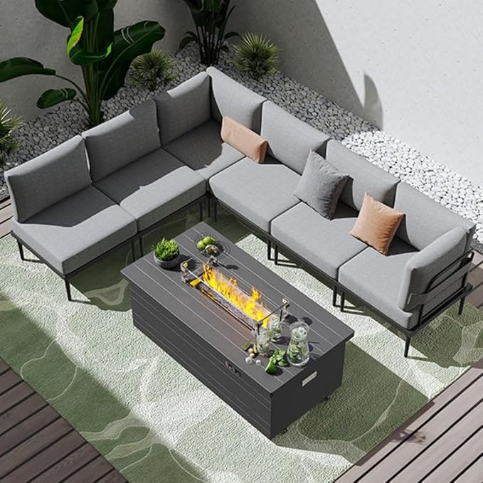 Sundale Outdoor 7 Pieces Metal Patio Furniture Set with Fire Pit Table, Outdoor Sectional Sofa with 6" Olefin Cushion, Modern Outdoor Conversation Sets (6 Seats, Grey Frame)