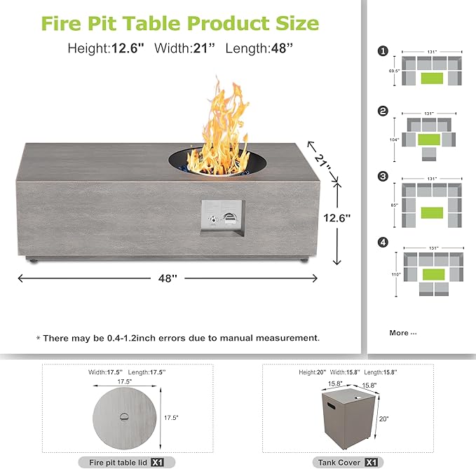 48 inch Propane Fire Pit Table, 2 in 1 Outdoor Fire Pit with 20lb Tank Cover, Outside Patio Deck and Garden, LED Gas Fireplace Table with Lid and Stone, Grey