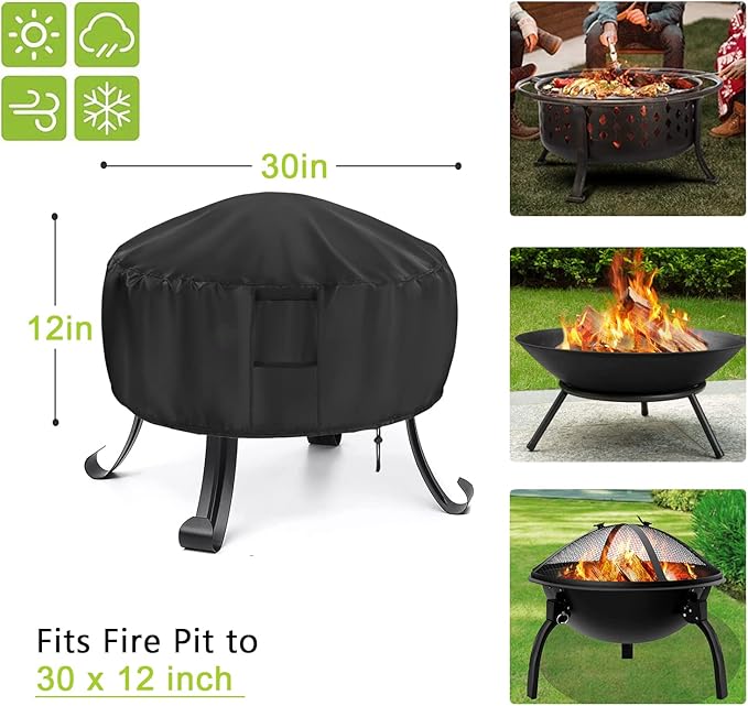 Round Fire Pit Cover, 30 Inch Outdoor Firepit Covers, Heavy-Duty Windproof Waterproof Fire Bowl Cover for Firepit