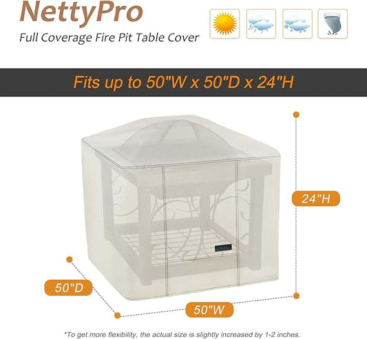 NettyPro Fire Pit Cover Square Waterproof Outdoor Firepit Cover for Gas Propane Fire Pit Table, 50 x 50 x 24 inch, Beige