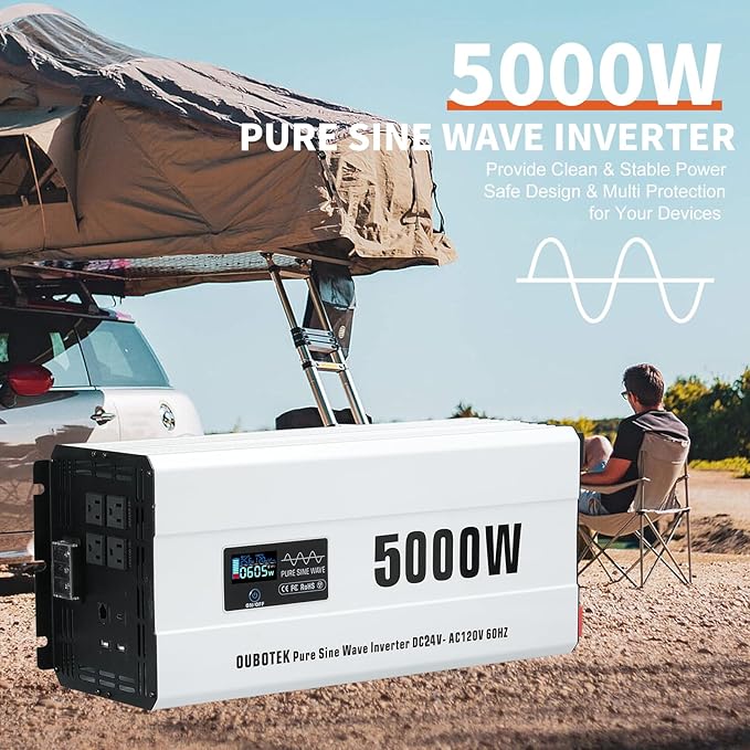 5000 Watts Power Inverter, Pure Sine Wave 24V DC to 120V AC Off Grid Solar Inverter with Wired Remote Switch LCD Display 4 AC Outlets Hardwire Terminal for Home RV Camping