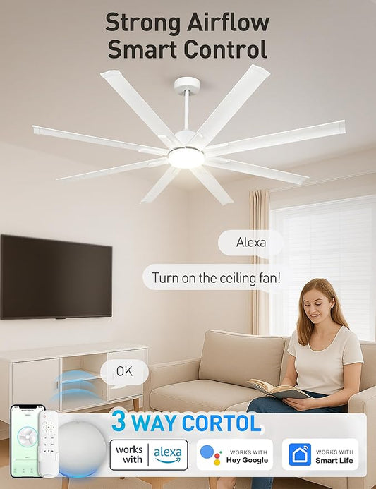 72 Inch Ceiling Fan with Light,Industrial Ceiling Fan with 8 White Aluminum Blades,Smart Fan Compatible with Alexa,Garage Outdoor/Indoor Fan for Patio and Living Room