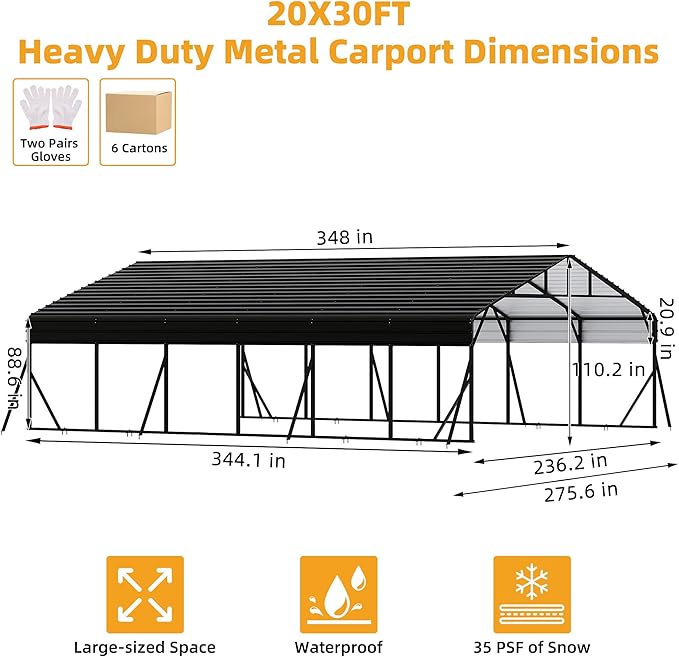20' x 30' Heavy Duty Metal Carport with Galvanized Steel Roof, Tall Metal Carport Kits Garage for Tractors, Trucks, Boats, Cars, Heavy Duty MetalRoof Carports with Enhanced Base