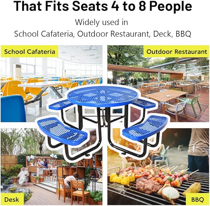 Rueekfil 46" Thermoplastic Picnic Table with Umbrella Hole up to 1.5", Heavy Duty Commercial Picnic Table for Outdoor, Family & Party Ready for School Camping, Round, Blue