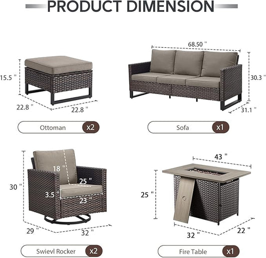 6 Piece Wicker Patio Furniture with Fire Pit Table - Outdoor Conversation Set with 50,000 BTU Fire Pit, All Weather Rattan Patio Set for Deck Backyard Garden - Brown Wicker Grey Cushion