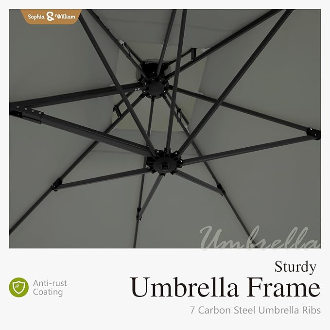 Sophia & William Cantilever Patio Umbrella 10ft, Offset Large Square Outdoor Umbrellas with 360-degree Rotation, Heavy Duty Windproof for Garden Pool Backyard, Grey with Base