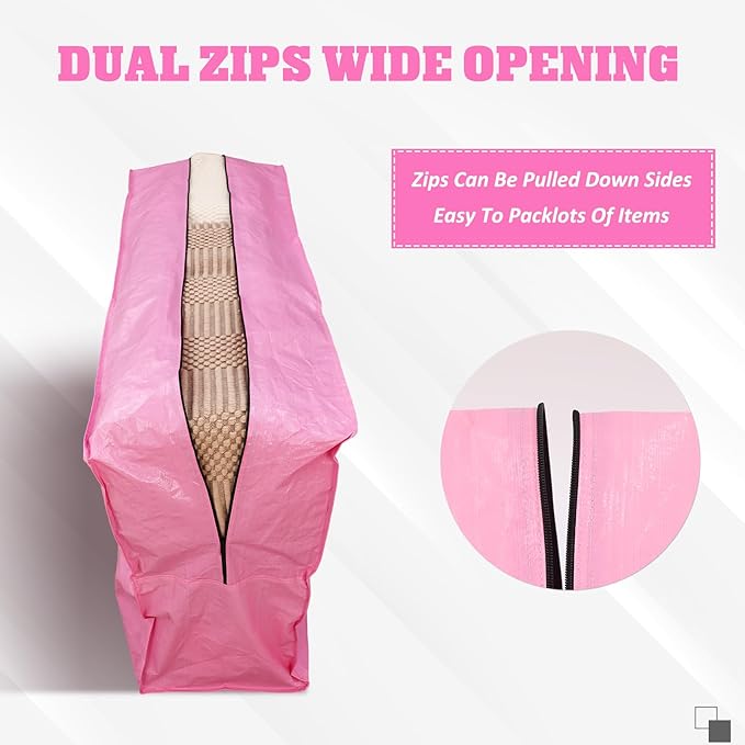Windyun 4 Pack Extra Large Storage Bags XXL Moving Bag with Zipper Strong Handle Heavy Duty Jumbo Big Totes Moving Box Foldable Duffle for College Dorm Travel Clothes Space(75 Gallon,Pink)