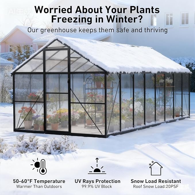 8x16 FT Outdoor Greenhouse, Aluminum Frame Quick Lock System, Large Walk-in Garden Greenhouse for Vegetables, Flowers & Plants, with Sliding Door & Screened Vent Window, Black