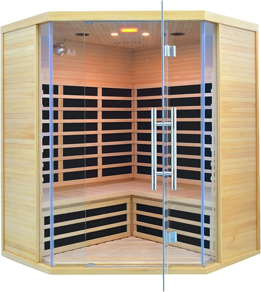 3-4 Person Far Infrared Sauna, Hemlock Indoor Corner Sauna Room Home Sauna with Low EMF Far Infrared Carbon Panel Tempered Glass Door,Bluetooth Speakers Chromotherapy Lights（220V, 2880W）