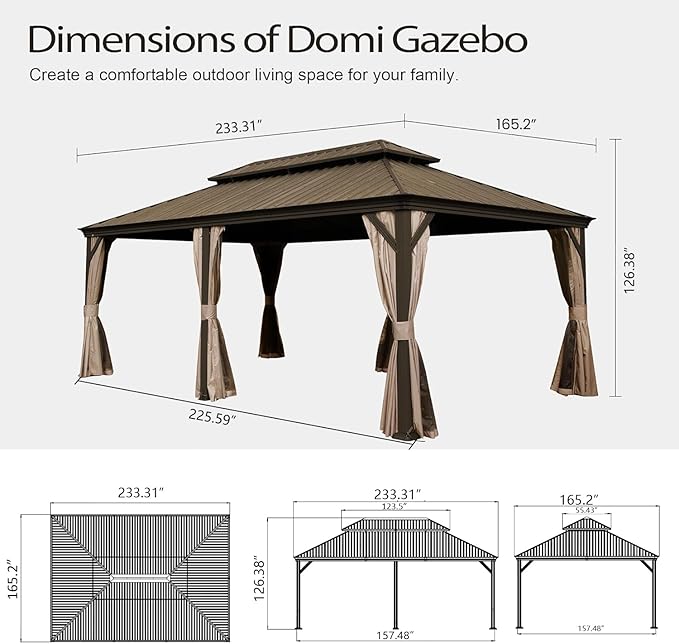 Domi 14x20FT Outdoor Gazebo, Hardtop Gazebo with Galvanized Steel Double Roof, Metal Gazebos with Drainage System Patio Pergola for Patio Deck Backyard,Curtain and Netting,Brown