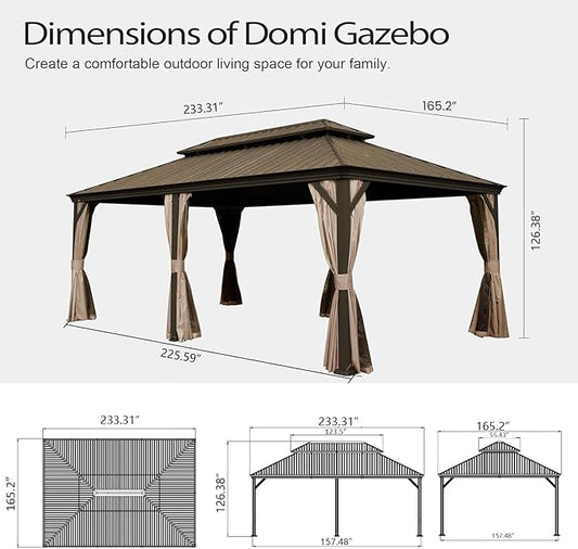 Domi 14x20FT Outdoor Gazebo, Hardtop Gazebo with Galvanized Steel Double Roof, Metal Gazebos with Drainage System Patio Pergola for Patio Deck Backyard,Curtain and Netting,Brown