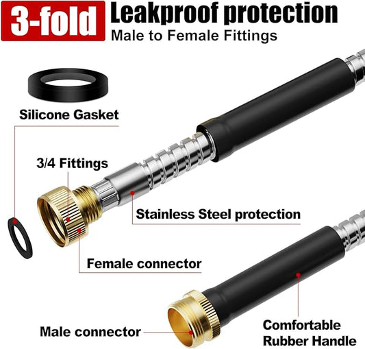 Short Garden Hose 10 ft, Male to Female Heavy Duty Stainless Steel Small Water Hose Extende Connector, Flexible No Kinks Leakproof 3/4 in Fittings, Lightweight Metal Leader Hose,MBT10S Model
