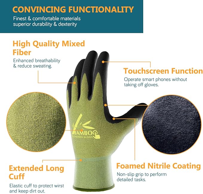 COOLJOB 2 Pairs Gardening Gloves for Women and Men, Bamboo Working Gloves Touchscreen, Grippy Nitrile Rubber Coated Work Gloves, Green/Black, Small Size (2 pairs S)