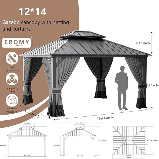 12’x14’ Hardtop Gazebo Outdoor Aluminum Frame Permanent Gazebo Galvanized Steel Double Roof Pergola with Nettings and Curtains for Patio, Lawns,Backyard, Deck,Grey